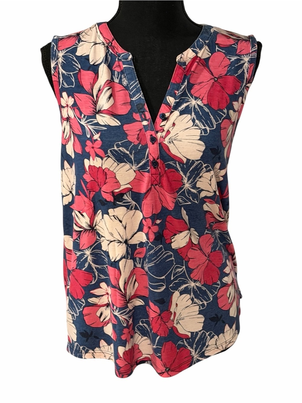 Liz Claiborne Navy Floral Sleeveless Henley Top Small